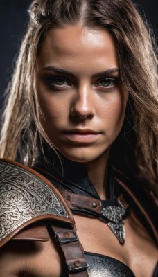 1girl,solo,long hair,breasts,looking at viewer,brown hair,animal ears,cleavage,brown eyes,medium breasts,closed mouth,upper body,dark skin,armor,rabbit ears,dark-skinned female,lips,shoulder armor,portrait,close-up,forehead,pauldrons,realistic,nose,blonde hair,green eyes