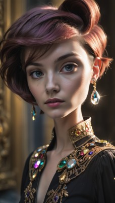 1girl,solo,looking at viewer,short hair,blue eyes,brown hair,jewelry,closed mouth,collarbone,upper body,earrings,artist name,necklace,blurry,lips,eyelashes,sparkle,makeup,blurry background,lipstick,gem,portrait,freckles,glint,realistic,nose,mascara,bangs,dress,purple hair,parted lips,black dress,depth of field,watermark,expressionless,eyeshadow,gold trim,eyeliner,gold,blue gemstone