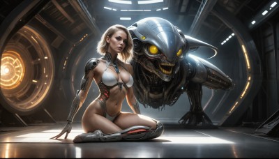 HQ,1girl,solo,breasts,looking at viewer,short hair,blonde hair,large breasts,brown hair,navel,cleavage,brown eyes,medium breasts,sitting,swimsuit,full body,bikini,boots,parted lips,indoors,lips,tattoo,makeup,arm support,highleg,robot,mecha,science fiction,realistic,nose,on floor,yokozuwari,mechanical arms,cyborg,single mechanical arm,blue eyes,jewelry,underwear,yellow eyes,teeth,stomach,armor,high heels,glowing,wariza,reflection,android,alien,cyberpunk,reflective floor