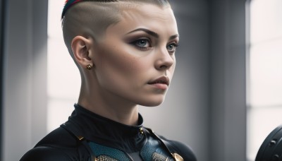 1girl,solo,short hair,blue eyes,blonde hair,jewelry,earrings,parted lips,mole,lips,bodysuit,makeup,portrait,freckles,realistic,stud earrings,very short hair,undercut,eyelashes,close-up,nose,mohawk