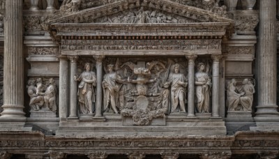 long hair,holding,sitting,standing,weapon,male focus,multiple boys,sword,indoors,armor,facial hair,helmet,scenery,beard,6+boys,robe,stairs,pillar,throne,statue,arch,column,artist name,no humans,architecture