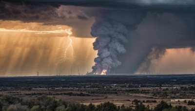 outdoors,sky,cloud,water,tree,no humans,ocean,sunlight,cloudy sky,building,nature,scenery,forest,smoke,light rays,horizon,watercraft,giant,ship,lightning,landscape,1girl,solo,standing,fire,fantasy,sunbeam