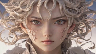 1girl,solo,looking at viewer,short hair,blonde hair,brown eyes,closed mouth,white hair,blurry,lips,eyelashes,floating hair,wind,portrait,close-up,freckles,realistic,scales,bangs,yellow eyes,tattoo,depth of field,wavy hair,expressionless,messy hair,curly hair,nose,straight-on