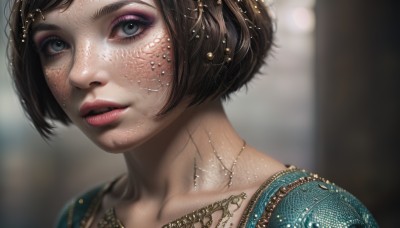 1girl,solo,looking at viewer,short hair,blue eyes,brown hair,hair ornament,jewelry,parted lips,necklace,blurry,lips,grey eyes,eyelashes,makeup,depth of field,blurry background,lipstick,portrait,close-up,eyeshadow,freckles,realistic,nose,scales,black hair,collarbone,eyeliner,mascara