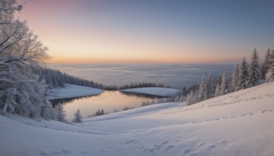 outdoors,sky,cloud,water,tree,no humans,ocean,nature,scenery,snow,forest,sunset,mountain,horizon,winter,bare tree,landscape,lake,gradient sky,sunrise,pine tree,blue sky,sun