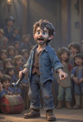 short hair,open mouth,blue eyes,multiple girls,brown hair,shirt,1boy,hat,holding,standing,jacket,full body,male focus,boots,multiple boys,open clothes,shoes,teeth,solo focus,tongue,collared shirt,belt,pants,indoors,bag,blurry,open jacket,torn clothes,depth of field,blurry background,facial hair,brown footwear,blue shirt,denim,blue jacket,child,6+boys,pocket,wide-eyed,camera,female child,male child,crowd,people,denim jacket,looking at viewer,vest,6+girls,messy hair,jeans,mustache,hammer