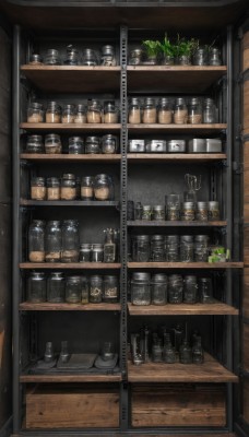 indoors,cup,no humans,bottle,plant,scenery,alcohol,drinking glass,wooden floor,glass,shelf,jar,still life,potted plant,shop,counter