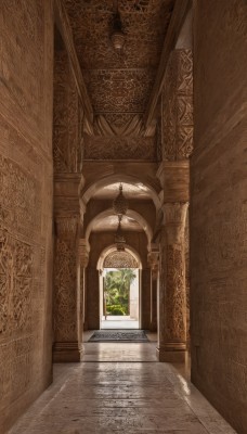 outdoors,day,indoors,no humans,window,shadow,sunlight,scenery,stairs,door,architecture,pillar,statue,arch,column,plant,light rays,wooden floor,hallway