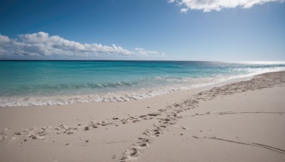 outdoors,sky,day,cloud,water,blue sky,no humans,ocean,beach,cloudy sky,scenery,sand,horizon,waves,shore,monochrome,footprints