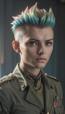 solo,looking at viewer,short hair,blue eyes,blonde hair,shirt,1boy,closed mouth,blue hair,jacket,upper body,male focus,multicolored hair,green hair,blurry,uniform,two-tone hair,lips,military,aqua hair,military uniform,blurry background,portrait,realistic,grey jacket,nose,undercut,medal,patch,artist name,signature,spiked hair,green jacket,military jacket,mohawk