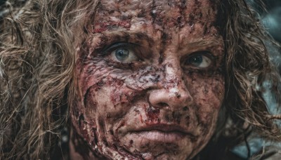 1girl,solo,long hair,looking at viewer,blue eyes,blonde hair,1boy,closed mouth,male focus,teeth,blurry,lips,blood,portrait,close-up,blood on face,realistic,facial hair