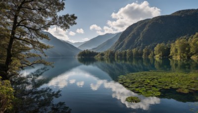 outdoors,sky,day,cloud,water,tree,blue sky,no humans,cloudy sky,nature,scenery,forest,reflection,mountain,river,landscape,lake,signature,grass,mountainous horizon,reflective water