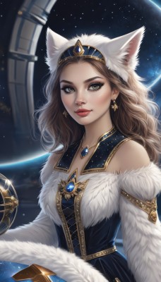 1girl,solo,long hair,breasts,looking at viewer,smile,brown hair,dress,animal ears,bare shoulders,brown eyes,jewelry,closed mouth,upper body,hairband,earrings,sky,artist name,cat ears,necklace,star (symbol),lips,animal ear fluff,grey eyes,fur trim,makeup,fake animal ears,tiara,gem,star (sky),starry sky,red lips,space,planet,earth (planet),medium breasts,sitting,detached sleeves,eyelashes,blue dress,wavy hair,wolf ears,lipstick,pendant,eyeshadow,curly hair,realistic,nose