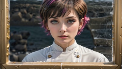 1girl,solo,looking at viewer,short hair,bangs,brown hair,shirt,hair ornament,jewelry,green eyes,white shirt,upper body,pink hair,multicolored hair,hairband,earrings,parted lips,hairclip,water,blurry,lips,grey eyes,eyelashes,makeup,buttons,blurry background,scar,portrait,freckles,realistic,nose,white sweater,picture frame,window,depth of field,expressionless,piercing,lipstick,ear piercing,rain,water drop,pink lips,stud earrings