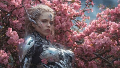 1girl, solo, long hair, breasts, looking at viewer, blonde hair, medium breasts, upper body, flower, outdoors, day, armor, tree, lips, facial mark, cherry blossoms, science fiction, realistic, nose, branch