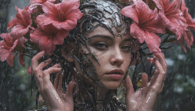 1girl, solo, looking at viewer, black hair, hair ornament, flower, parted lips, hair flower, dark skin, blurry, lips, hands up, freckles, rain, realistic, nose