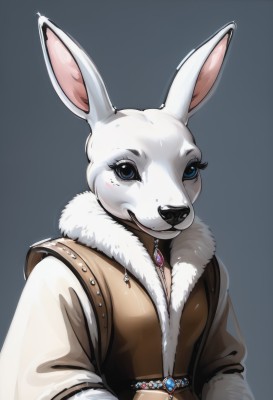 1girl,solo,looking at viewer,blue eyes,simple background,long sleeves,animal ears,jewelry,upper body,grey background,rabbit ears,mole,vest,fur trim,brooch,gem,furry,rabbit,furry female,furry male,body fur,white fur,animal nose,brown vest,snout,smile,jacket,eyelashes,blue background,brown jacket