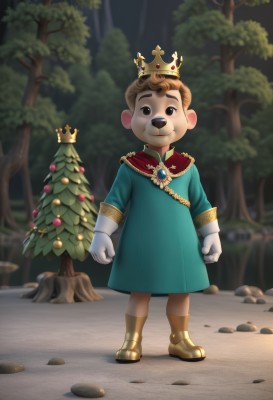 solo,looking at viewer,smile,short hair,brown hair,gloves,long sleeves,1boy,dress,brown eyes,jewelry,closed mouth,standing,full body,male focus,boots,outdoors,white gloves,blurry,black eyes,tree,blurry background,crown,gem,child,christmas,furry,clenched hands,forest,furry male,male child,blue eyes,animal ears,cape,brooch,robe,rock