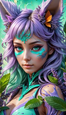 1girl,solo,long hair,breasts,looking at viewer,smile,bangs,hair ornament,animal ears,cleavage,bare shoulders,jewelry,medium breasts,closed mouth,green eyes,upper body,purple hair,flower,multicolored hair,earrings,green hair,artist name,hair flower,mole,two-tone hair,aqua eyes,lips,fox ears,clothing cutout,eyelashes,mole under eye,aqua hair,tattoo,gradient hair,makeup,leaf,facial mark,lipstick,portrait,extra ears,eyeshadow,freckles,mole on breast,pink lips,realistic,nose,eyeliner,mascara,mole on cheek,blue eyes,facepaint