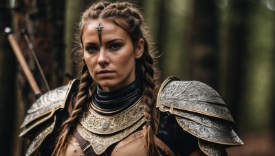 1girl,solo,long hair,looking at viewer,brown hair,brown eyes,closed mouth,upper body,weapon,braid,armor,blurry,twin braids,lips,blurry background,scar,polearm,shoulder armor,freckles,pauldrons,circlet,breastplate,realistic,chainmail,parted lips,portrait,nature,forest,arrow (projectile),quiver