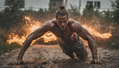 1girl,solo,looking at viewer,black hair,1boy,male focus,outdoors,dark skin,hair bun,blurry,tree,tattoo,muscular,blurry background,single hair bun,fire,all fours,building,realistic,explosion,dirty,topknot,burning,short hair,open mouth,brown hair,full body,barefoot,teeth,veins,topless male,photo background