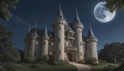 outdoors,sky,cloud,tree,no humans,night,moon,grass,building,nature,night sky,scenery,full moon,forest,castle,tower,fantasy,bush,moonlight,path,arch