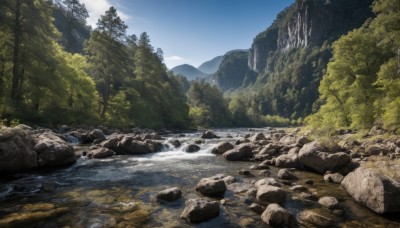 outdoors,sky,day,cloud,water,tree,blue sky,no humans,grass,nature,scenery,forest,rock,mountain,river,waterfall,landscape,stream