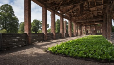 outdoors,sky,day,cloud,tree,blue sky,no humans,window,sunlight,cloudy sky,grass,plant,building,nature,scenery,stairs,door,bench,bush,artist name