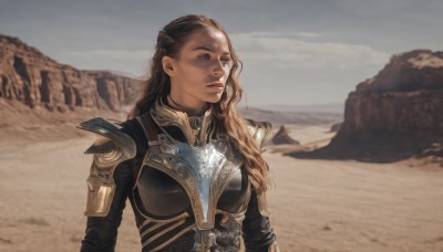 1girl,solo,long hair,blue eyes,brown hair,closed mouth,upper body,braid,outdoors,sky,day,armor,blurry,lips,looking to the side,blurry background,wavy hair,looking away,shoulder armor,pauldrons,breastplate,mountain,realistic,looking afar,brown eyes,sand,desert