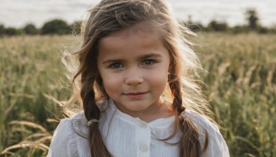 1girl,solo,long hair,looking at viewer,smile,brown hair,shirt,brown eyes,closed mouth,white shirt,upper body,braid,outdoors,day,blurry,twin braids,lips,grey eyes,buttons,depth of field,blurry background,wind,portrait,freckles,realistic,nose,field,twintails,parted lips,sunlight,grass