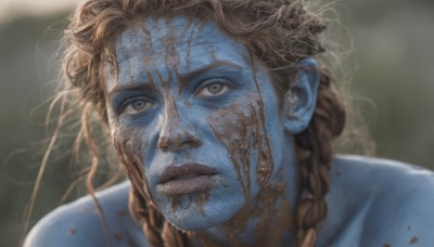 1girl,solo,long hair,looking at viewer,blonde hair,brown hair,braid,parted lips,blurry,twin braids,lips,grey eyes,blood,blurry background,colored skin,messy hair,portrait,blood on face,realistic,blue skin,zombie,1boy,closed mouth,male focus,scar,close-up,dirty