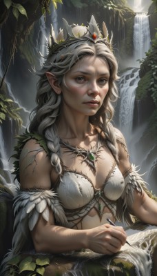 1girl,solo,long hair,breasts,holding,cleavage,bare shoulders,brown eyes,jewelry,medium breasts,sitting,collarbone,upper body,braid,white hair,grey hair,outdoors,parted lips,pointy ears,artist name,water,necklace,twin braids,tree,lips,grey eyes,leaf,tiara,feathers,crown,plant,elf,nature,forest,freckles,realistic,nose,fantasy,pencil,waterfall,looking at viewer,blush,small breasts,covered nipples,scar,bodypaint,tribal