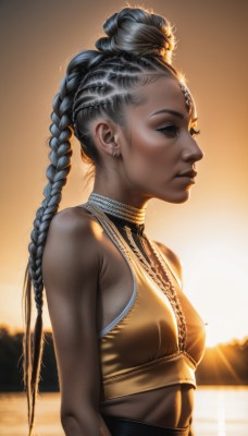 1girl,solo,long hair,breasts,black hair,bare shoulders,jewelry,closed mouth,upper body,braid,grey hair,multicolored hair,earrings,small breasts,outdoors,midriff,dark skin,necklace,hair bun,twin braids,from side,dark-skinned female,lips,crop top,profile,facial mark,piercing,backlighting,sunset,realistic,nose,very dark skin,dreadlocks,multiple braids,brown eyes,blue hair,sleeveless,artist name,water,eyelashes,halterneck,sunlight,ear piercing,sun