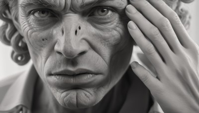 solo,looking at viewer,simple background,1boy,white background,closed mouth,monochrome,greyscale,male focus,hand up,blurry,lips,fingernails,facial hair,scar,facial mark,portrait,close-up,curly hair,realistic,old,wrinkled skin,shirt,frown,veins,serious