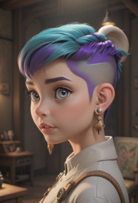 1girl,solo,looking at viewer,short hair,blue eyes,shirt,jewelry,blue hair,white shirt,purple hair,multicolored hair,earrings,parted lips,artist name,indoors,hair bun,blurry,from side,two-tone hair,aqua eyes,lips,eyelashes,makeup,depth of field,blurry background,chair,single hair bun,portrait,eyeshadow,freckles,nose,undercut,mascara,blush,bangs,green eyes,upper body,teeth,collared shirt,watermark,thick eyebrows,web address,asymmetrical hair