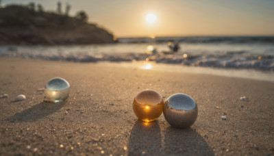 outdoors, sky, water, blurry, no humans, ocean, beach, scenery, sunset, sand, sun, desert