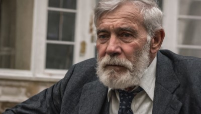 solo,looking at viewer,short hair,shirt,1boy,closed mouth,jacket,white shirt,upper body,white hair,grey hair,male focus,necktie,collared shirt,indoors,blurry,black jacket,window,blurry background,facial hair,formal,suit,portrait,black necktie,beard,meme,mature male,realistic,mustache,manly,old,old man,black suit,wrinkled skin,long sleeves,grey eyes,dress shirt,depth of field,scar,expressionless,wing collar,blue necktie,nose