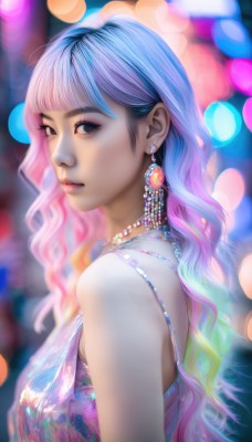 1girl,solo,long hair,breasts,looking at viewer,bangs,dress,bare shoulders,jewelry,closed mouth,blue hair,upper body,pink hair,multicolored hair,earrings,sleeveless,necklace,blurry,black eyes,from side,two-tone hair,lips,looking to the side,gradient hair,makeup,sleeveless dress,depth of field,blurry background,wavy hair,gem,realistic,nose,bokeh,pearl necklace,medium breasts,artist name,blunt bangs,eyelashes,watermark,lens flare,eyeshadow,rainbow hair