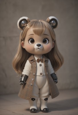 1girl,solo,long hair,looking at viewer,bangs,brown hair,shirt,gloves,long sleeves,bow,animal ears,brown eyes,closed mouth,standing,full body,white shirt,boots,pants,bowtie,coat,buttons,blurry background,fake animal ears,child,female child,brown coat,bear ears,brown bow,brown bowtie,blush,earrings,open clothes,artist name,vest,watermark,extra ears,furry,freckles,orange bow,animal nose,brown fur