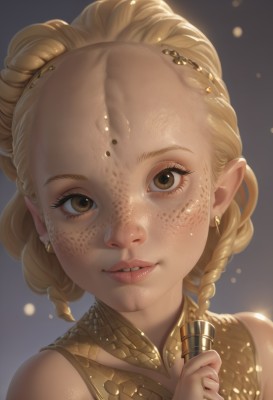 1girl,solo,looking at viewer,smile,blonde hair,hair ornament,bare shoulders,brown eyes,jewelry,braid,earrings,parted lips,teeth,pointy ears,twin braids,lips,gradient background,eyelashes,portrait,close-up,forehead,freckles,realistic,nose,hair pulled back,long hair,holding,artist name,watermark,multiple braids