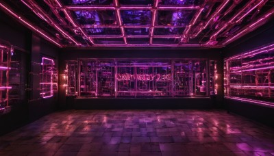 indoors,no humans,window,building,scenery,science fiction,tiles,light,tile floor,purple theme,neon lights,fire,fantasy,candle,candlestand,reflective floor,chandelier