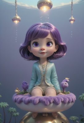 1girl,solo,looking at viewer,smile,short hair,bangs,long sleeves,dress,sitting,purple eyes,full body,purple hair,parted lips,sky,shorts,artist name,tree,lips,bird,sandals,child,female child,mushroom,light bulb,open mouth,jewelry,flower,barefoot,teeth,necklace,eyelashes,watermark,web address,realistic,nose,flipped hair