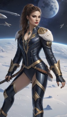 1girl,solo,long hair,breasts,looking at viewer,brown hair,thighhighs,gloves,holding,cleavage,brown eyes,jewelry,medium breasts,standing,ponytail,weapon,earrings,boots,sky,black gloves,belt,artist name,signature,fingerless gloves,necklace,nail polish,holding weapon,armor,leotard,lips,fingernails,fur trim,bodysuit,makeup,moon,high ponytail,lipstick,star (sky),black nails,eyeshadow,realistic,aircraft,nose,red lips,eyeliner,space,planet,earth (planet),spacecraft,outdoors,night,polearm,starry sky,armored boots