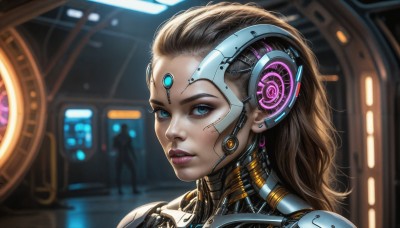 HQ,1girl,solo,long hair,looking at viewer,blue eyes,brown hair,black hair,jewelry,earrings,parted lips,solo focus,blurry,lips,eyelashes,makeup,blurry background,headgear,portrait,eyeshadow,science fiction,realistic,nose,android,cable,forehead jewel,cyborg,cyberpunk,mechanical parts,hologram,blonde hair,upper body,signature,from side,lipstick,close-up,eyeliner,earpiece