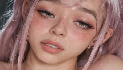 1girl,solo,long hair,looking at viewer,blush,smile,bangs,brown eyes,jewelry,pink hair,earrings,parted lips,teeth,grin,lips,eyelashes,portrait,close-up,freckles,realistic,nose,bare shoulders,makeup,eyeshadow