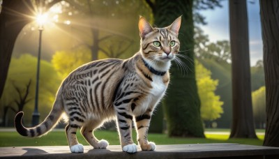 HQ,solo,closed mouth,green eyes,full body,outdoors,sky,day,blurry,tree,no humans,depth of field,blurry background,animal,sunlight,cat,grass,realistic,animal focus,lamppost,whiskers,looking at viewer,standing,signature,collar,bench