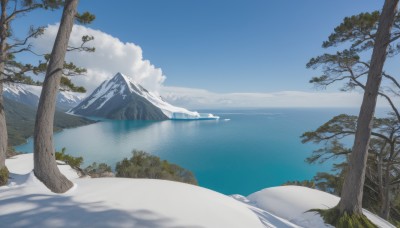 outdoors,sky,day,cloud,water,tree,blue sky,no humans,shadow,ocean,nature,scenery,snow,forest,reflection,mountain,horizon,winter,river,landscape,mountainous horizon,lake,cloudy sky,grass