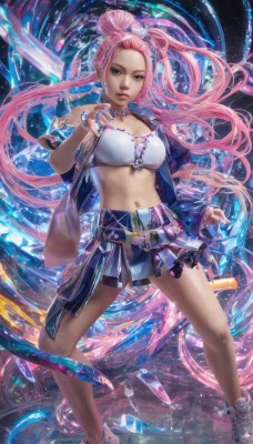 1girl,solo,long hair,breasts,looking at viewer,skirt,navel,cleavage,jewelry,medium breasts,very long hair,standing,jacket,ponytail,weapon,pink hair,earrings,boots,open clothes,shoes,shorts,choker,midriff,belt,necklace,hair bun,bracelet,open jacket,lips,crop top,piercing,sneakers,forehead,cropped jacket,crystal,idol,k/da (league of legends),grey eyes,strapless,watermark,ring,realistic,tube top