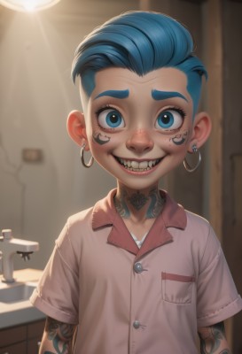 1girl,solo,looking at viewer,smile,short hair,blue eyes,shirt,jewelry,blue hair,white shirt,upper body,short sleeves,earrings,teeth,choker,collared shirt,artist name,indoors,grin,blurry,tattoo,makeup,buttons,facial mark,aged down,child,forehead,freckles,pocket,hoop earrings,female child,breast pocket,arm tattoo,mascara,neck tattoo,collarbone,piercing,thick eyebrows,sharp teeth,ear piercing,pink shirt,mirror,very short hair,shoulder tattoo,sink