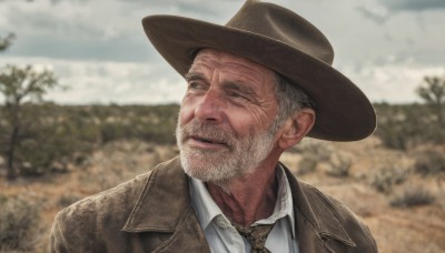 solo,short hair,blue eyes,shirt,1boy,hat,jacket,white shirt,upper body,grey hair,male focus,outdoors,parted lips,necktie,sky,day,collared shirt,blurry,tree,coat,looking to the side,blurry background,facial hair,portrait,beard,brown jacket,mature male,realistic,brown headwear,manly,old,old man,brown necktie,cloud,lips,grey eyes,depth of field,cloudy sky,yellow necktie